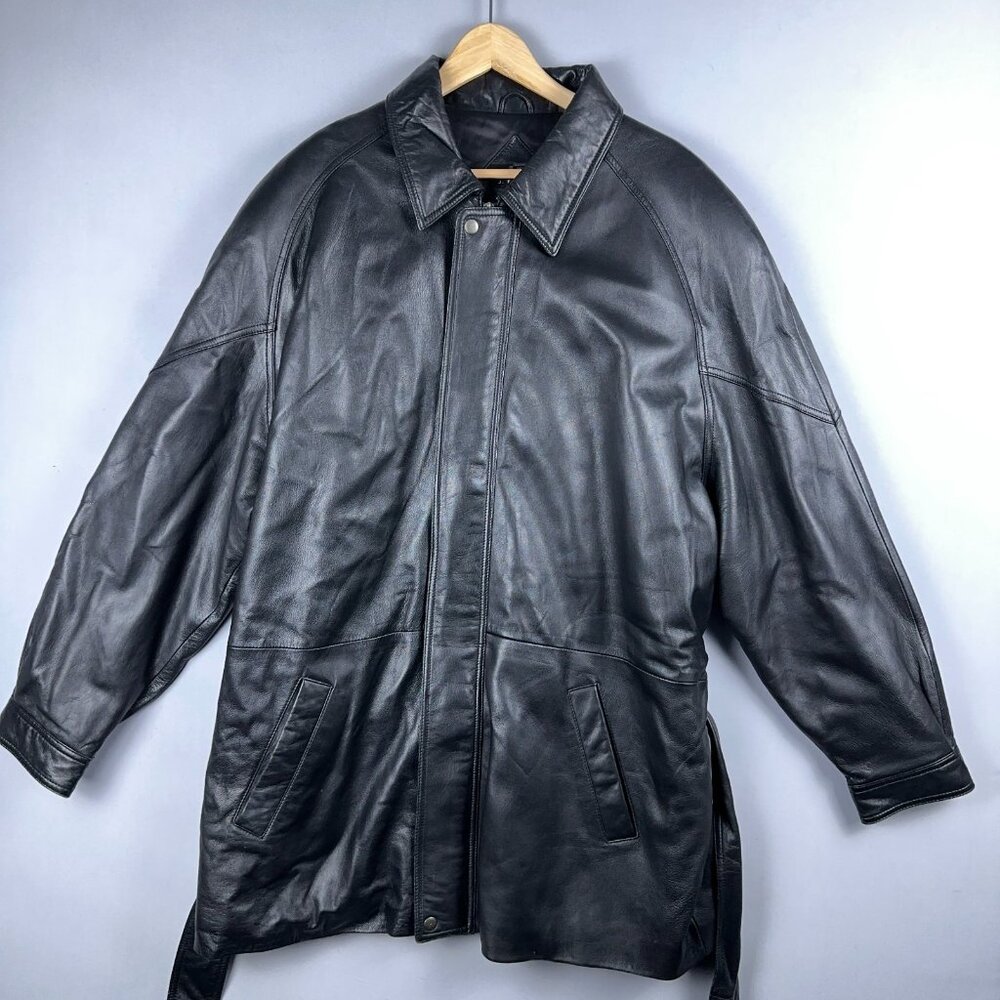 J FERRAR Mens Genuine Lambskin Overcoat Jacket Soft Black Belted X Large
